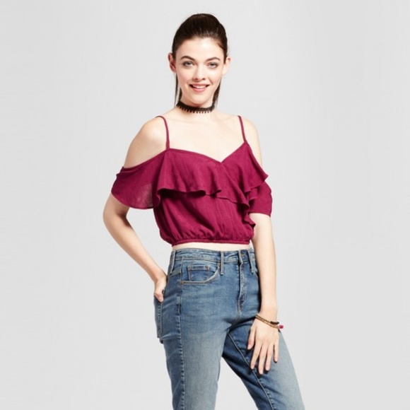 NEW Red Cold-Shoulder Surplice Crop Top [B6] - Picture 7 of 7